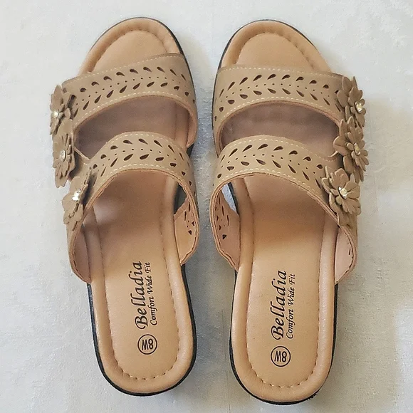 Belladia Comfort Wide Tan Beige Floral Shoes Women's Size 8W - Picture 4 of 11